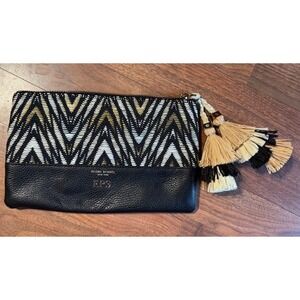 RARE Henri Bendel Flat Raffia Tassel Zip Pouch Clutch Purse‎ Leather Black Gold